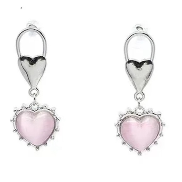 Pink Heart Silver Drop Earrings - Picture 6 of 14